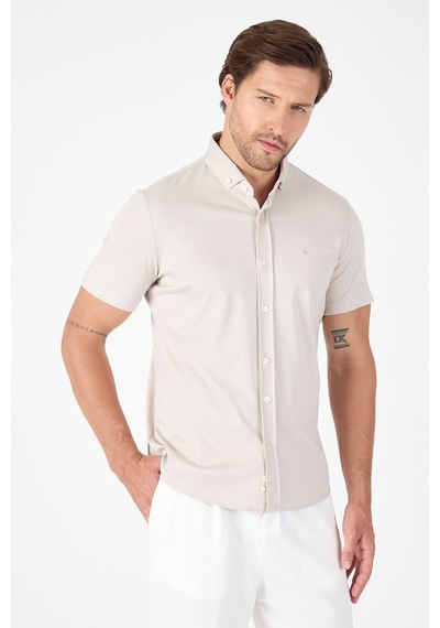 İmza Gri Kısa Kol Düğmeli Yaka Cepsiz Performans Ürün Slim Fit Gömlek 1004250256 Gri