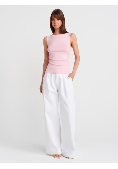 Dilvin 31589 Büzgülü Kayık Yaka Top-toz Pembe Toz Pembe
