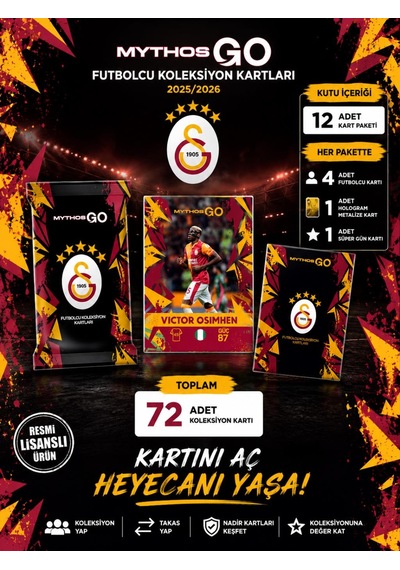 Mythos Go Galatasaray Futbolcu Kartları 12'li Kutu 2025/2026 72 Kart Resmi Lisanslı