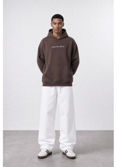 Respire Erkek Essentials Nakışlı Oversize Hoodie Kahve