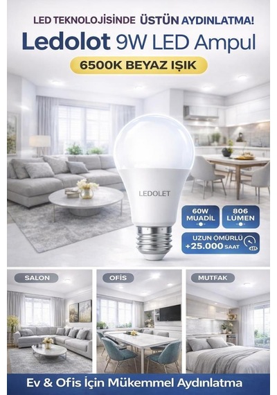Ledolet 9w 60w Led Ampul E27 6500k Beyaz Işık - 3 Adet