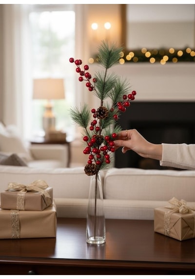 Yapay Çiçek Kokina Ve Çam Dalı Uzun Dal Kozalaklı 75cm Yılbaşı Çiçeği Red Berry Kırmızı