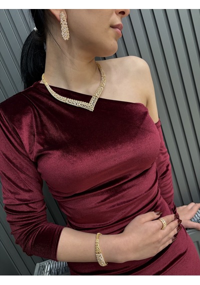 V Model Taşlı Set - 22 Ayar Altın Kaplama