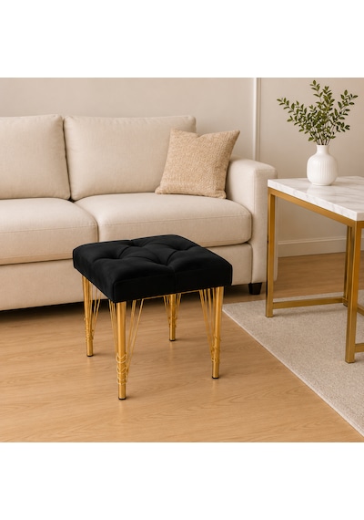 Kare Gold Kaplama Hairpin Ayaklı Tabure Siyah