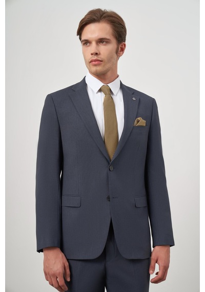İmza Koyu Lacivert Kendinden Desenli Bez Ayağı Mono Yaka Tam Astar Tek Yırtmaç 2 Düğme 6 Drop Comfort Fit Classic Takım Elbise 1001240189 Koyu Lacivert