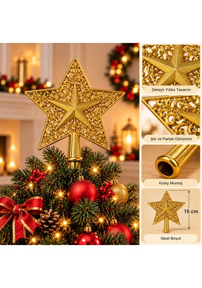 Gold Motifli Yıldız Çam Ağacı Tepeliği - Dekoratif Altın Renk Oymalı Yılbaşı Ağaç Tepe Süsü - 9080089507387 Diğer