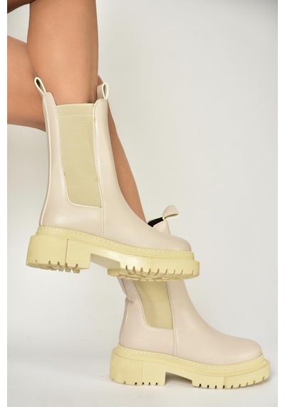 Fox Shoes T652449009 Bej Kalın Tabanlı Kadın Bot Bej-suni Deri Bej