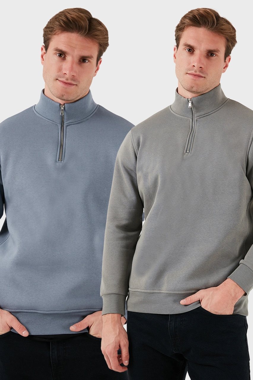 Buratti Pamuklu Regular Fit Dik Yaka 2'Li Paket Erkek Sweat 59052592S2 Açık Haki-Koyu Gri