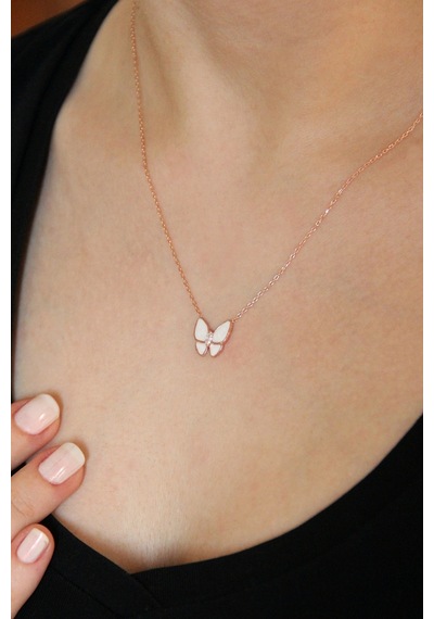925 Ayar Gümüş Beyaz Mineli Kelebek Kolye - 23168402 Rose Gold