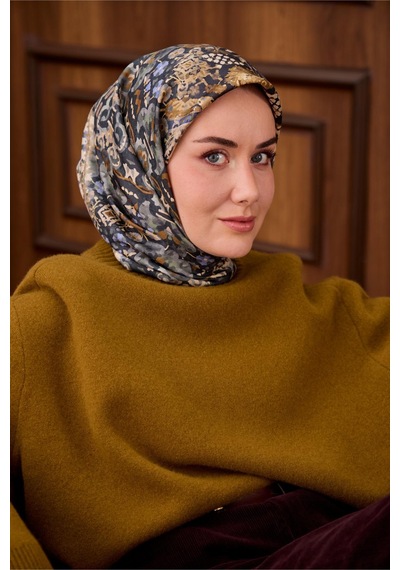 Silk Home Twill İpek Eşarp Lacivert Yağ Yeşili Desenli Tok Duruşlu Kaymaz 90x90 Çok Renkli