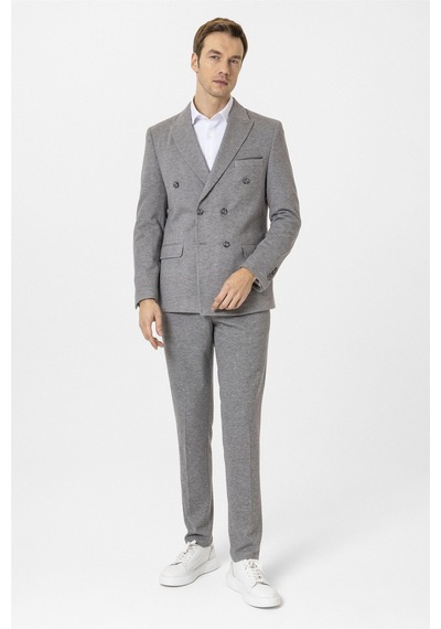 Süvari Gri Slim Fit Desenli Kruvaze Yaka 6 Drop Spor Takım Elbise