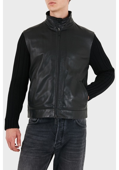 Emporio Armani Deri Dik Yaka Fermuarlı Ceket Erkek Ceket Em007276 Af29262 Uc001 Siyah