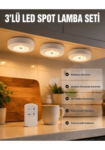 Lb Kablosuz 3 Lü Spot Led Lamba Seti Uzaktan Kumandalı Enerji Tasarruflu Aydınlatma Diğer