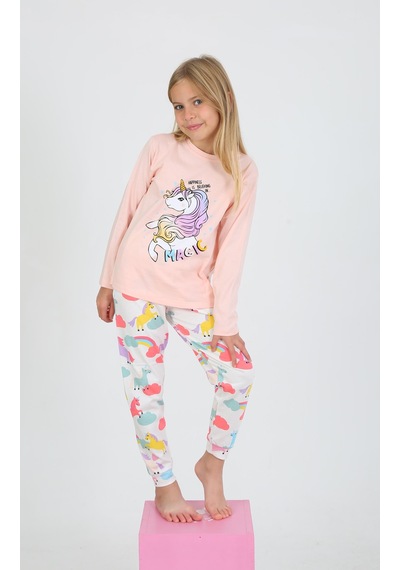 Kız Çocuk Uzun Kollu %100 Pamuklu Pijama Takımı Happines Somon SOMON
