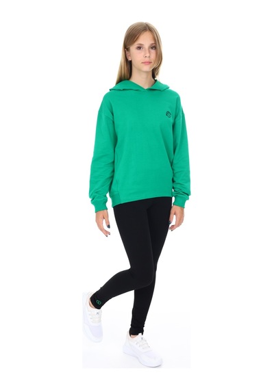 Toontoy Kids Toontoy Kız Çocuk 2'li Takım Baskılı Kapüşonlu Düşük Omuz Sweatshirt & Basic Düz Tayt Çimen Yeşili