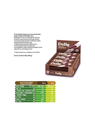 Delly Cappuccino Aromalı Çikolata Kaplı Yüksek Protein Bar 12 x 40 G