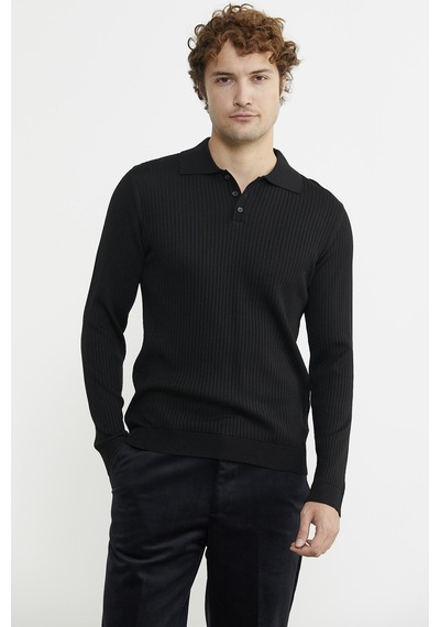 Sementa Polo Yaka Fitilli Triko Kazak - Siyah 001