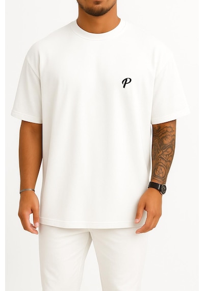 Bahriyeli Collection Oversize P Harfi Cep Baskılı Unisex T-shirt Beyaz