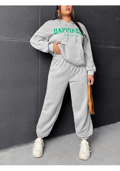 Eşofman Takımı Sweatshirt - Gri Baskılı Oversize Şardonlu Kapüşonlu Gri
