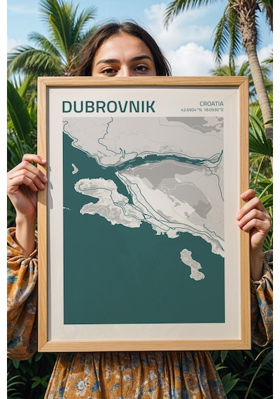 Dubrovnik Hırvatistan Croatia Haritası Çerçeveli Tablo Lüks Salon Ofis Duvar Dekorasyonu Tablo Kayın