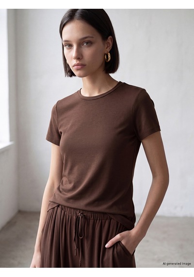 Lcw Comfort Kahverengi Bisiklet Yaka Kadın Tişört