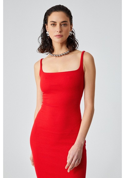 Grımelange RINIA Kadın Slim Fit Geniş Yaka Askılı Kırmızı Elbise
