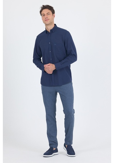 İmza Lacivert Uzun Kol Düz Armür Oval Yaka Casual Comfort Fit Gömlek 1004250249 Lacivert
