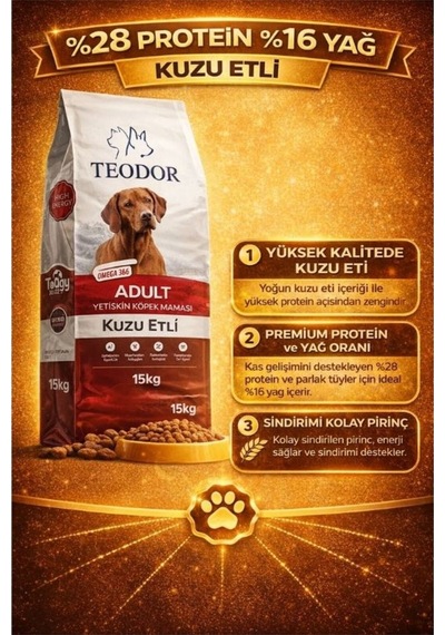 Teodor Kuzu Etli Yetişkin Köpek Maması 15kg %28 Protein %16 Yağ