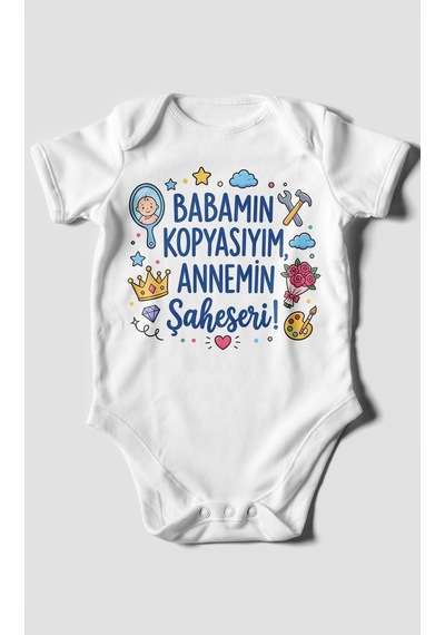 Morivokids Babamın Kopyasıyım Annemin Şaheseri Kısa Kollu Bebek Body %100 Pamuk Beyaz