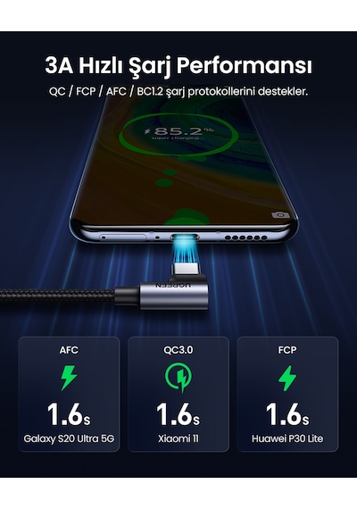 Ugreen Usb-c - Usb-a 3a Qc 90 Derece Hızlı Şarj Kablosu, 3 M, Uzay Grisi, 70875