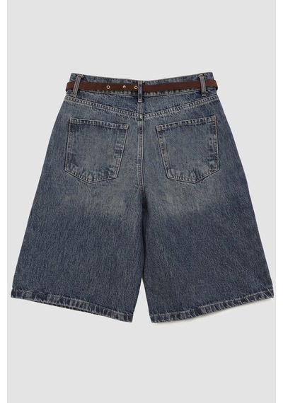 Blue White Kadın Beli Kemerli Bermuda Jean Şort İndigo