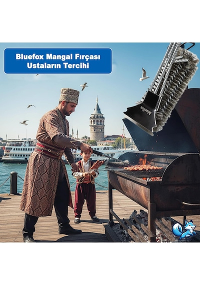 Paslanmaz Çelik Izgara Mangal Temizleme Fırçası Kazıyıcılı, 360º Kapsamlı, 3 Başlı, Ergonomik
