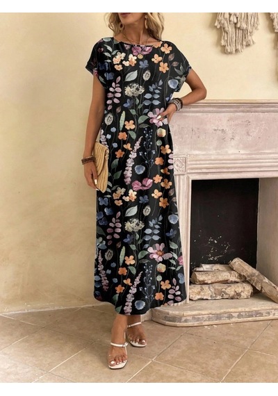 DefyModa Kadın Kısa Kollu Bisiklet Yaka Çiçek Desenli Uzun Süprem Elbise Siyah