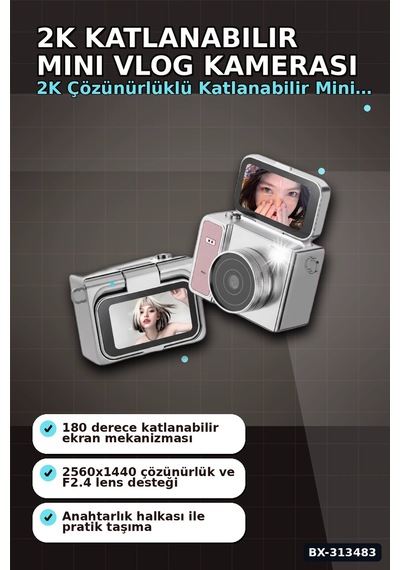 2k 1.47 İps Ekranlı 180 Derece Katlanabilir Mini Vlog Kamerası - Anahtarlık Boy Bx-313483 Rekli