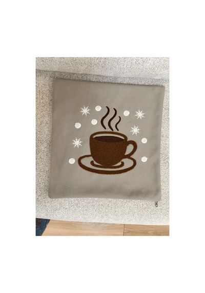 Dekoratif Kırlent Kılıfı Kahve Fincanı Desenli Punch Dokulu Modern Salon Koltuk Bej Bej