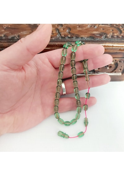 Raşit Zeyd Usta Eseri Açık Yeşil Ateş Kehribar Tesbih... Ölçü: 7x9