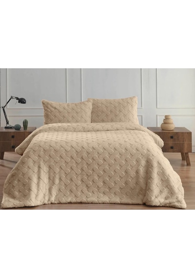 Merinos Diamond Çift Kişilik Yatak Örtüsü Peluş Kürk Yumuşak Comforter Yorgan Seti Bej