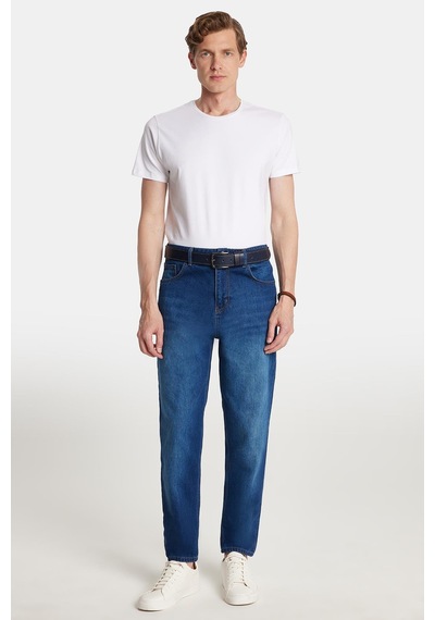 Tudors Erkek Relax Fit Geniş Kesim Boru Paça Denim Yıkamalı Taşlamalı Esnek Lacivert Jean Kot Pantolon-34089 Lacivert