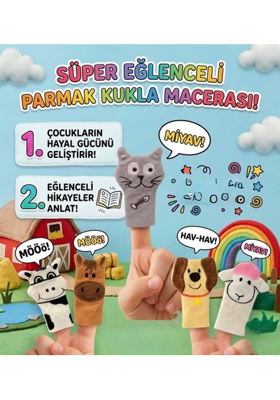 Babycim 5'li Çiftlik Hayvanları Parmak Kukla - Yumuşak Dokulu Eğlenceli Eğitici Öğretici Set