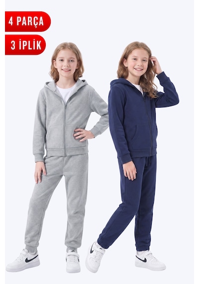 Fyk Kids 3 İplik Baskılı Kız Çocuk Fermuarlı Kapüşonlu 2'li Eşofman Takımı 4 Parça Gri-siyah