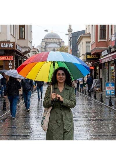 12 Fiber Telli Rüzgara Dayanıklı Gökkuşağı Şemsiye Siyah Baston Saplı Rengarenk Yağmur Şemsiyesi Çok Renkli