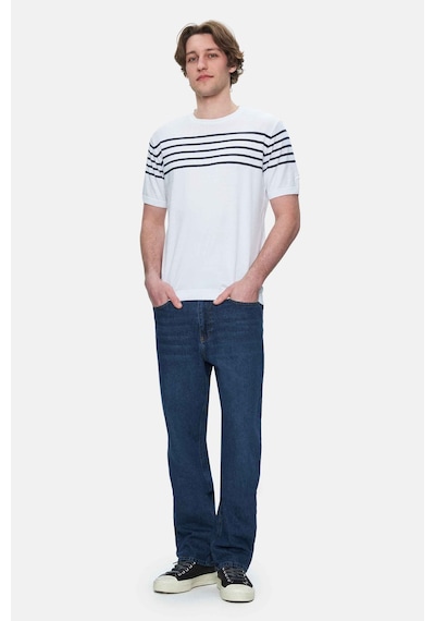 Ucla Kendrıck Beyaz Çizgili Bisiklet Yaka Triko Nakışlı Standard Fit Erkek Tshirt Beyaz