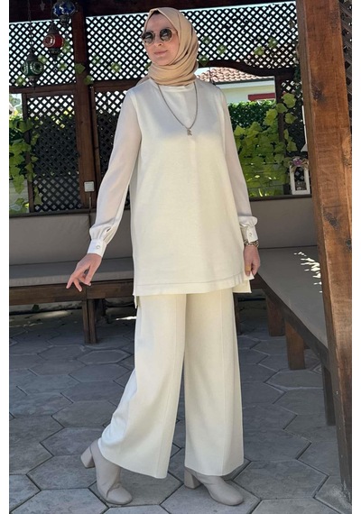 Rabia Şamlı Pantolonlu İç Takım Ekru Normal