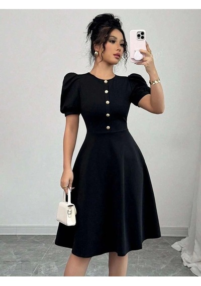 Defymoda Kadın Kısa Kollu Bisiklet Yaka Önden Düğmeli Ithal Krep Elbise Siyah