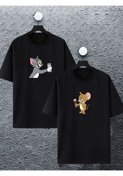 Unisex Kadın Erkek Tom Ve Jerry Rakı Baskılı Sevgili Çift Kombini Tasarım Oversize T-shirt 2'li Set Siyah Mck2117 Siyah