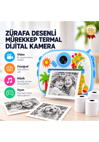 BLUE-3 Anında Baskılı Çocuk Fotoğraf Makinesi ,5 Fonksiyonlu, Video Özellikli Zürafa Desenli Kamera-1801