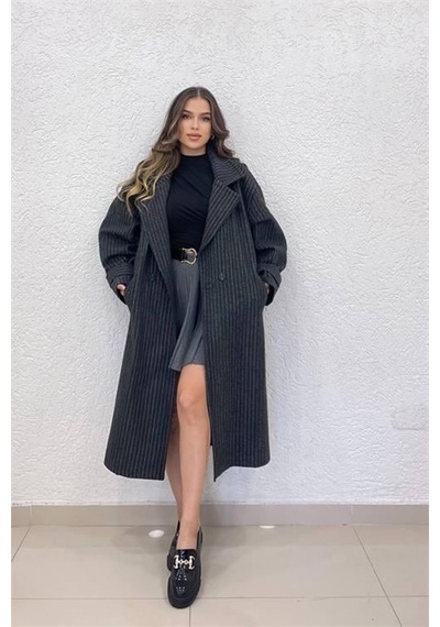 Dip Moda Kadın Siyah Çizgili Oversize Kaşe Kaban Dpnbshnz08 Siyah