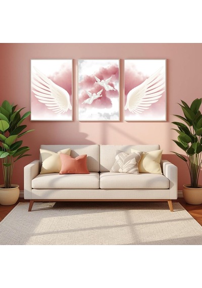 Besay Kanatlanmış Modern Yatak Odası Duvar Dekorasyonu Pembe Bulutlu Melek Kanadı Posteri 3'lü Set A2 Çerçevesiz