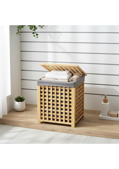 Deconox Kare Bambu Çamaşır Sepeti 40x40x56 Cm - İçi Bezli, Kapaklı Doğal Ahşap Kirli Sepeti Diğer