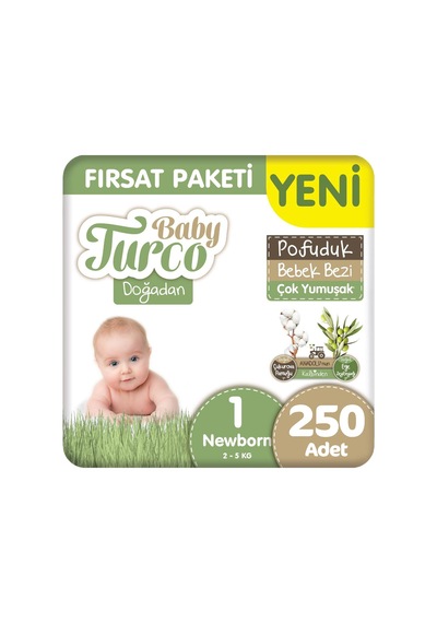 Baby Turco Doğadan 1 Beden Pofuduk Bebek Bezi Fırsat Paketi 50x5 250 Adet 1 Numara